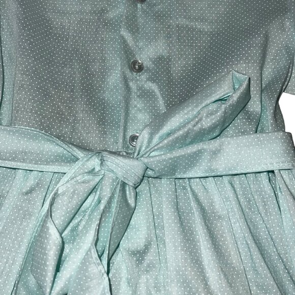Polly Finders Vintage Hand Smocked Aqua Blue Polka Dot Lace Collar Dress Size 6 - Picture 7 of 8